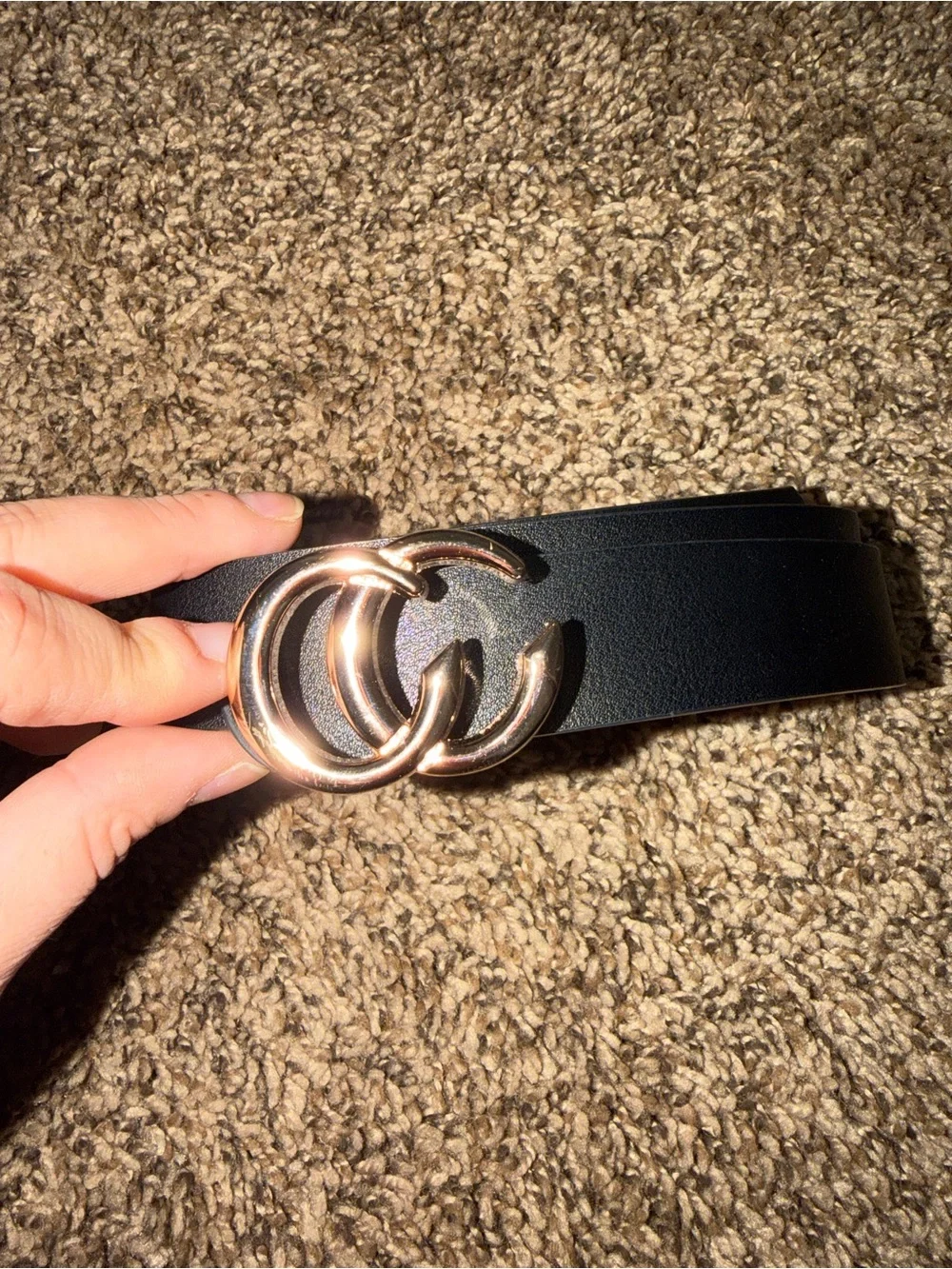 Black Faux Leather Belt with Gold Double C Buckle